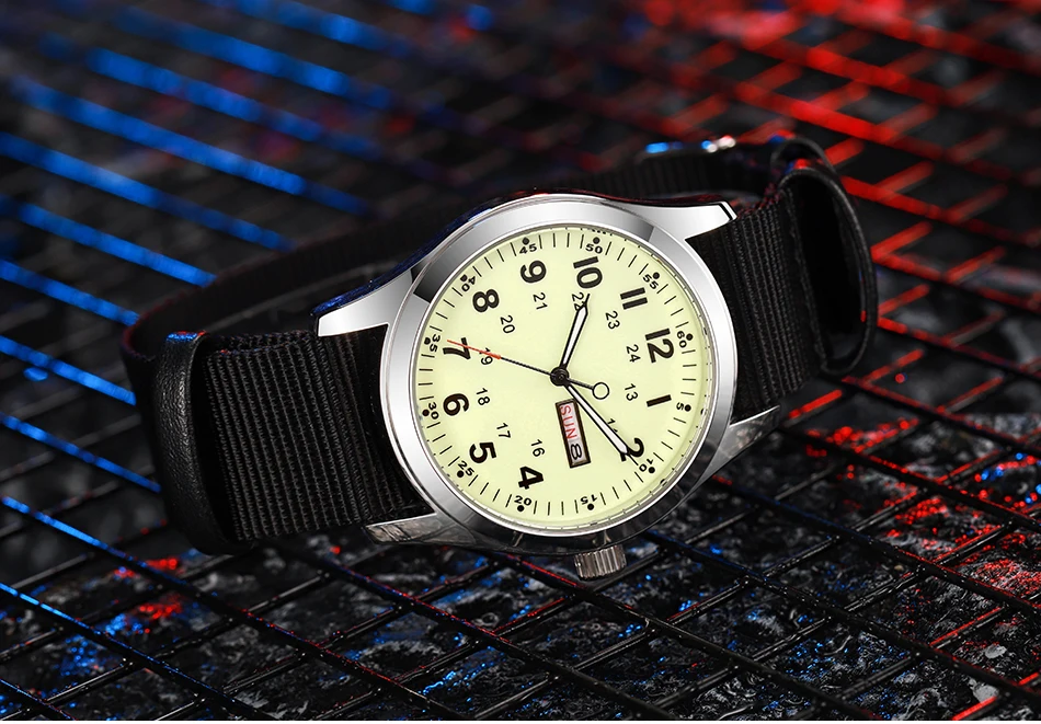 2026 Men's 42mm Watch Glow in the Dark Luminous Dial Day Date Green Canvas Strap 30M Water Proof Field Watch Khaki Strap