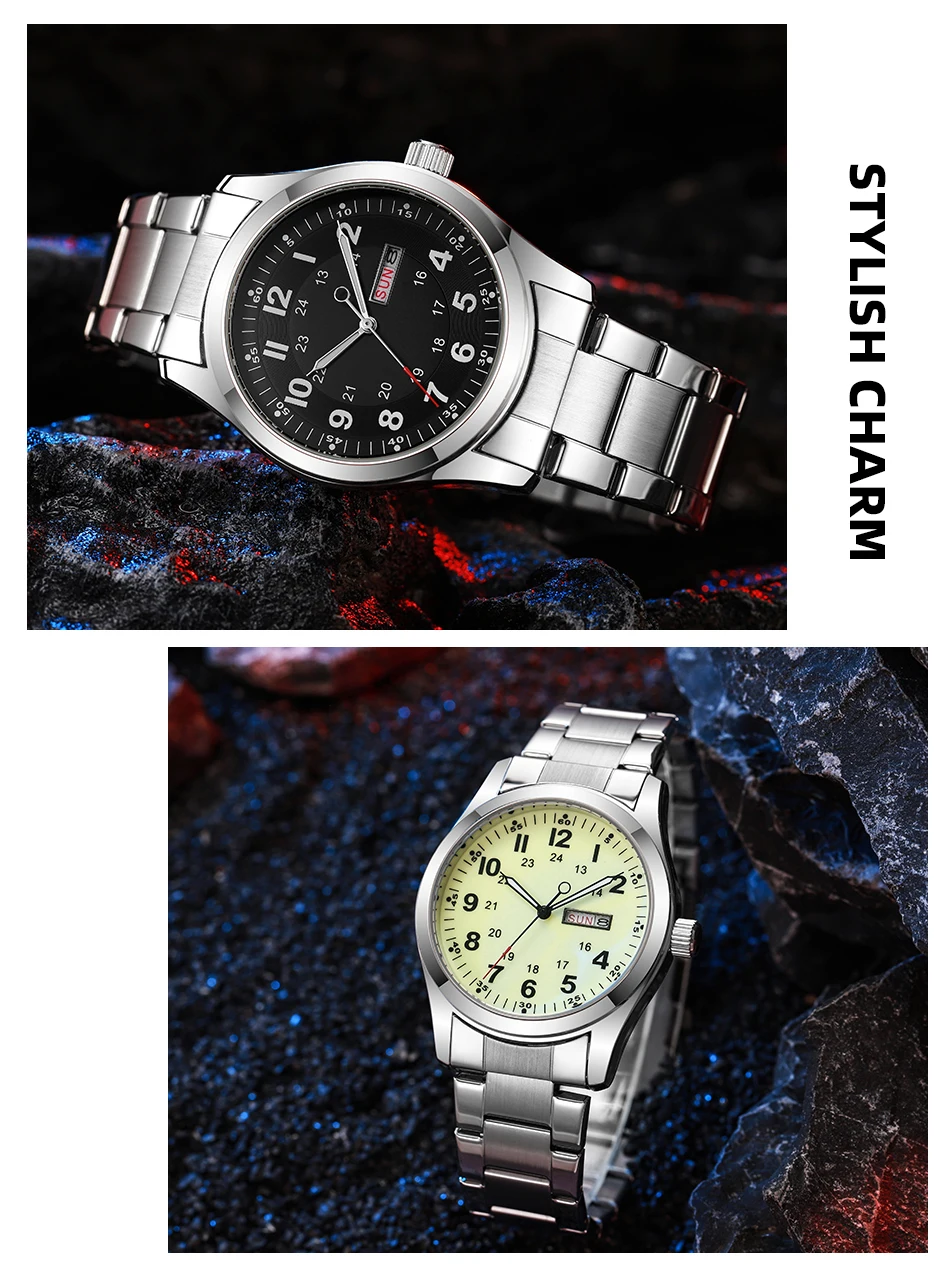 2026 Men's 42mm Watch Glow in the Dark Luminous Dial Day Date Green Canvas Strap 30M Water Proof Field Watch Khaki Strap
