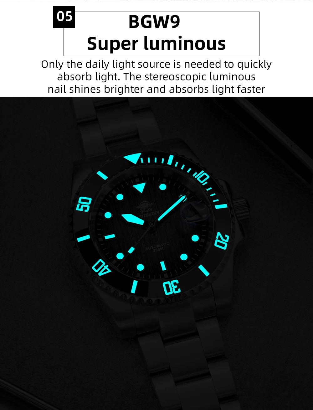 ADDIESDIVE Hot Selling Men's Automatic Watch Sapphire Glass 200m Waterproof Watch BGW9 Night Light Classic Men's Watch AD2536