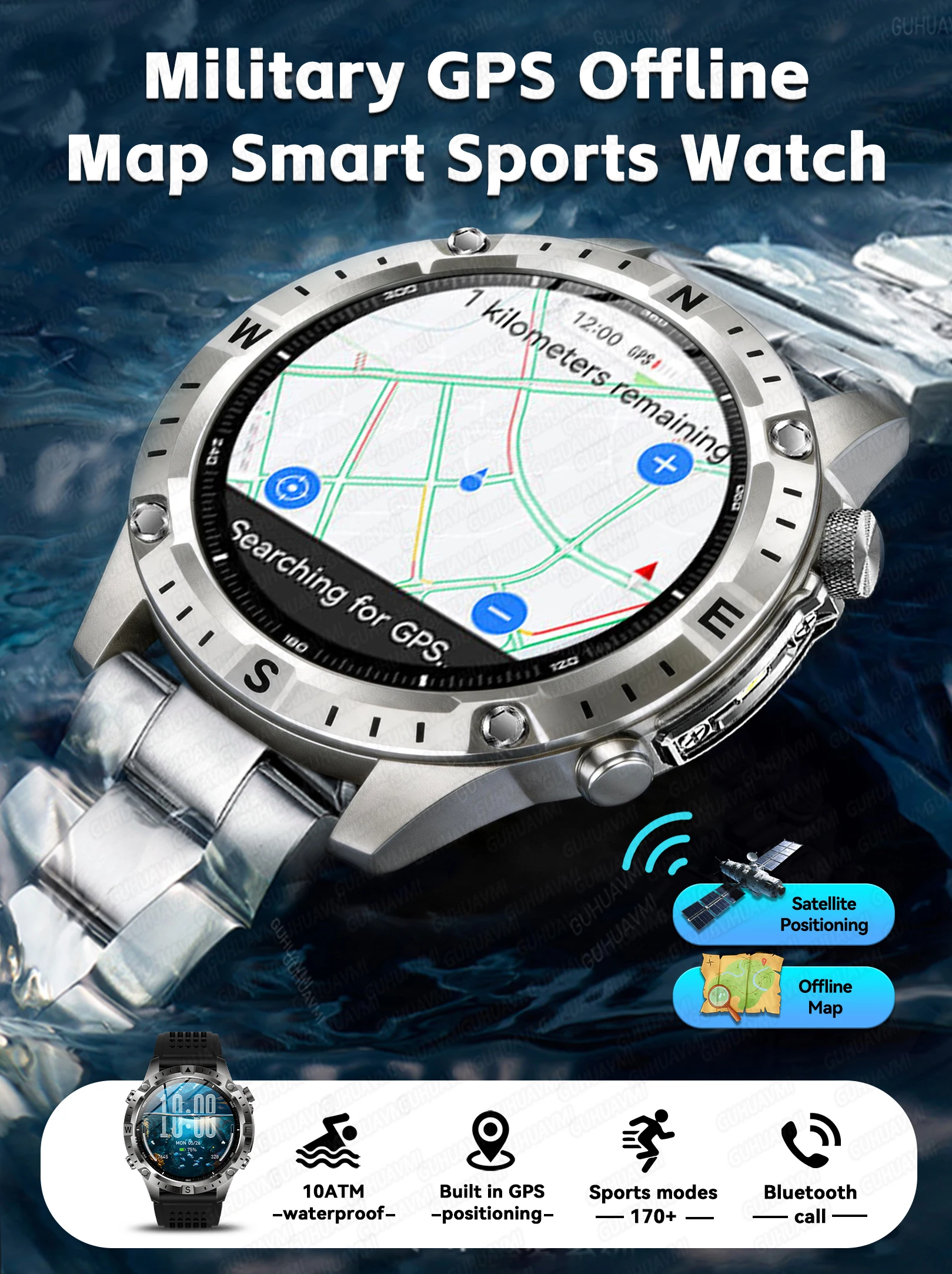 2026New Military Tank GPS SmartWatch Offline Map 10ATM Swim 2GB RAM Music Altitude Compass Bt Call Fitness Sports Smartwatch Men