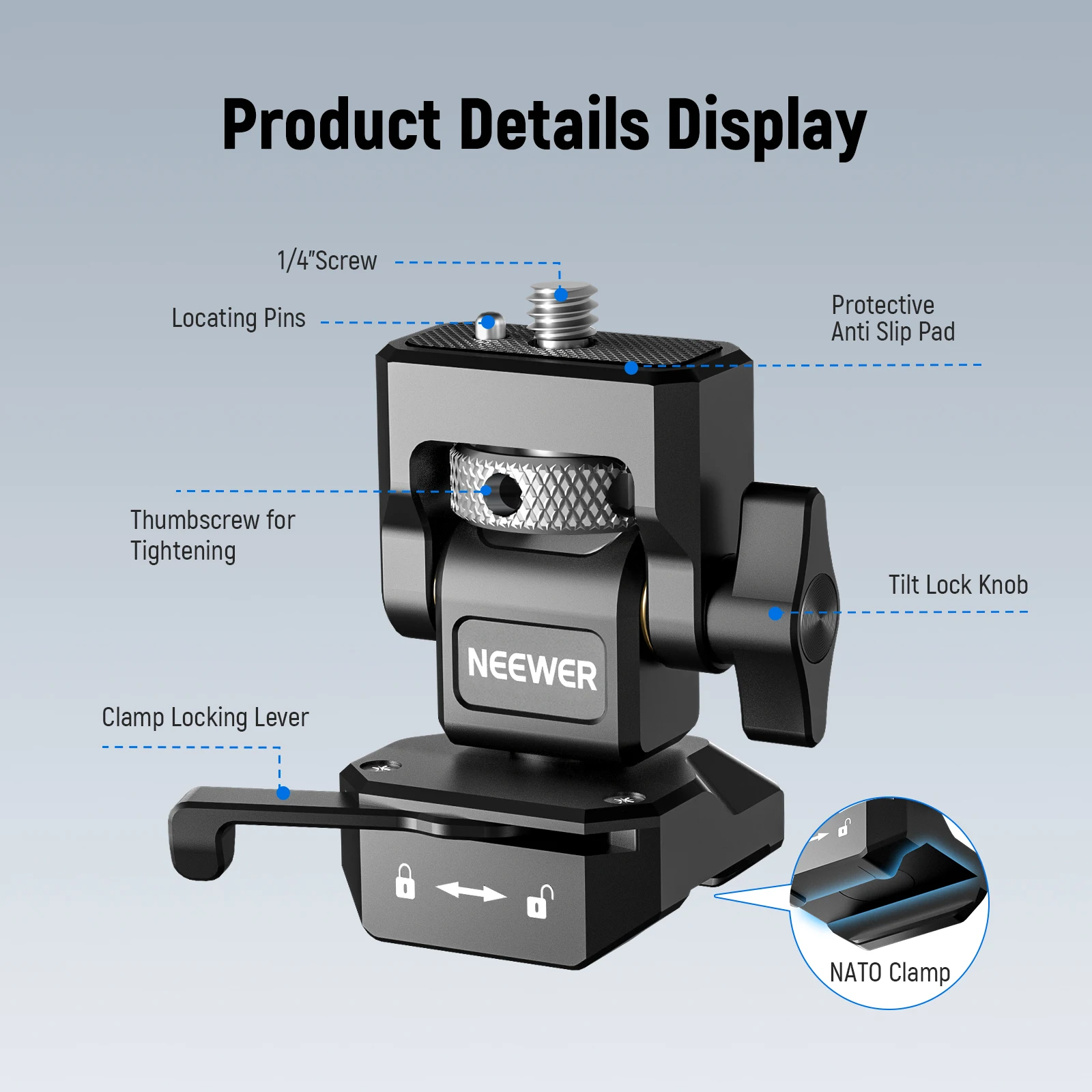 NEEWER DSLR Camera Clamp Adjustable Monitor Mount with Cold Shoe Anti Twist 1/4" Screw for Monitor Flash Light DIY Attachment