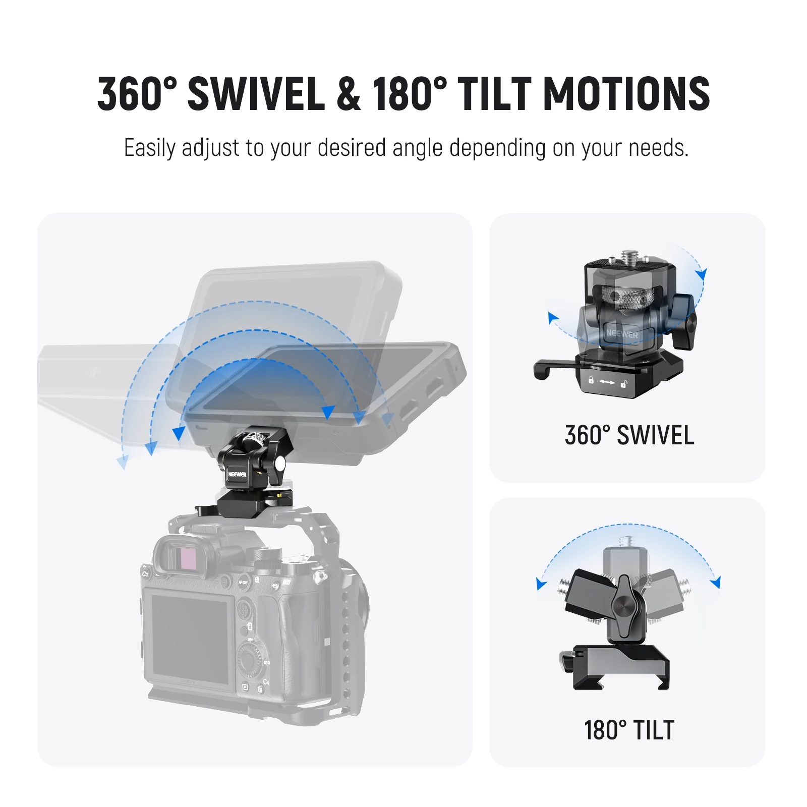 NEEWER DSLR Camera Clamp Adjustable Monitor Mount with Cold Shoe Anti Twist 1/4" Screw for Monitor Flash Light DIY Attachment
