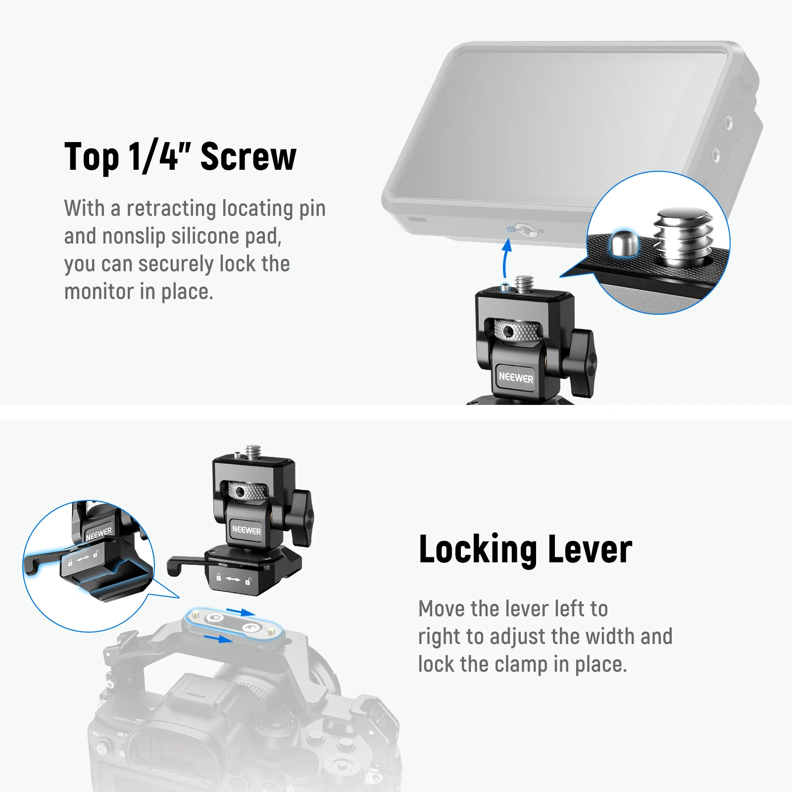 NEEWER DSLR Camera Clamp Adjustable Monitor Mount with Cold Shoe Anti Twist 1/4" Screw for Monitor Flash Light DIY Attachment