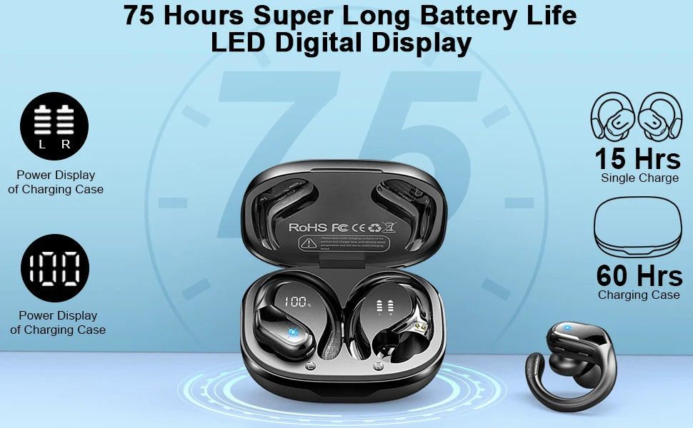 75Hrs Bluetooth 5.3 Earphones IP7 Waterproof Wireless Headphones with ENC Noise Cancelling Mic Deep Bass For Sports Workout Gym