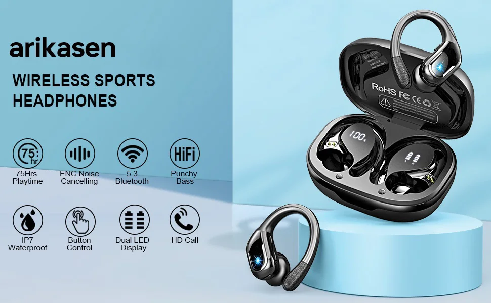 75Hrs Bluetooth 5.3 Earphones IP7 Waterproof Wireless Headphones with ENC Noise Cancelling Mic Deep Bass For Sports Workout Gym