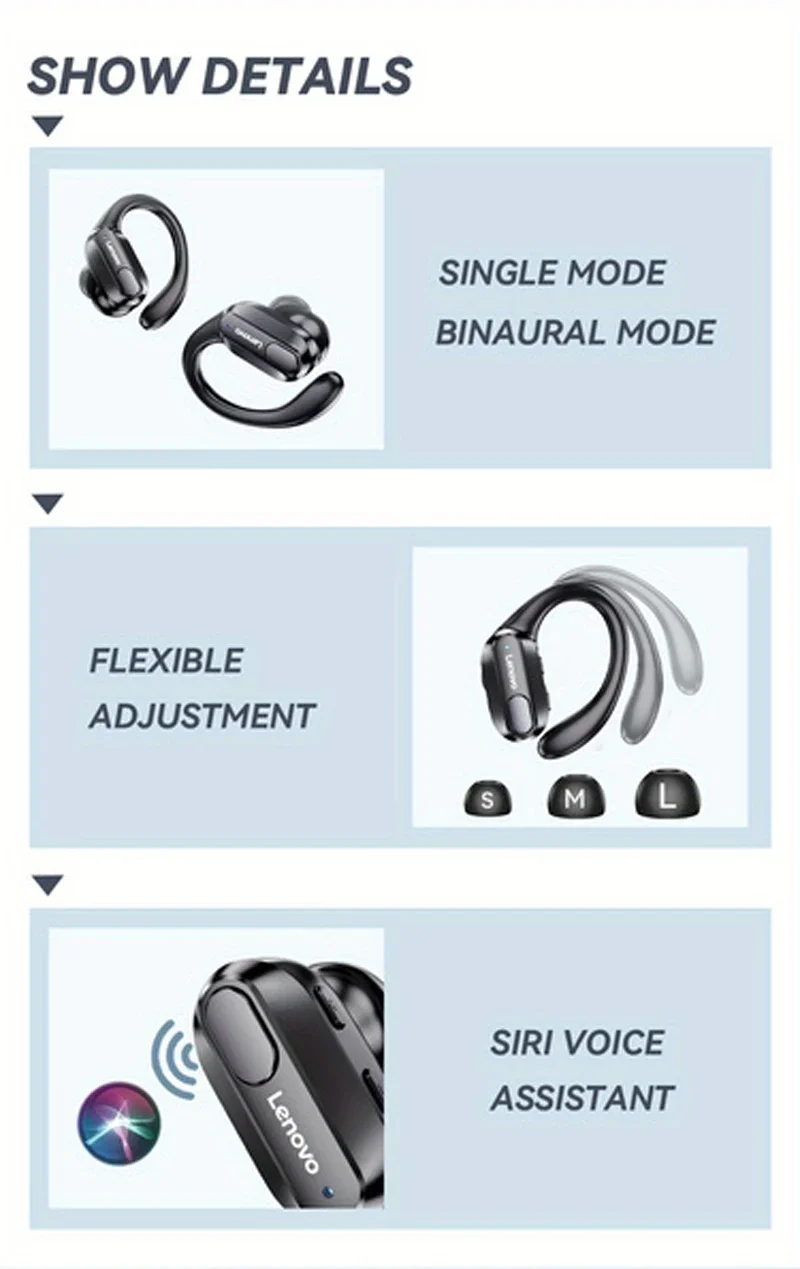 Lenovo XT80 Bluetooth 5.3 Earphones True Wireless Headphones with Mic Button Control Noise Reduction Earhooks Waterproof Headset