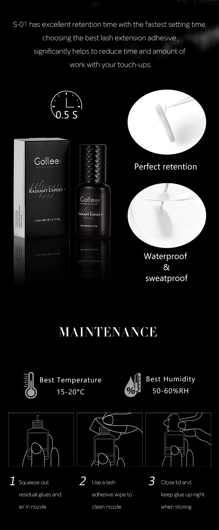 Gollee All Season Glue for Lash Extension 0.5s Fast Drying Strong Glue Stick False Eyelash 6-8 Weeks Waterproof Adhesive Makeup