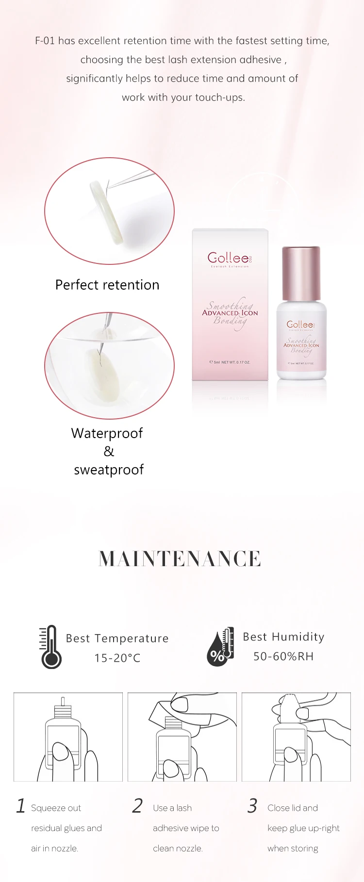 Gollee All Season Glue for Lash Extension 0.5s Fast Drying Strong Glue Stick False Eyelash 6-8 Weeks Waterproof Adhesive Makeup