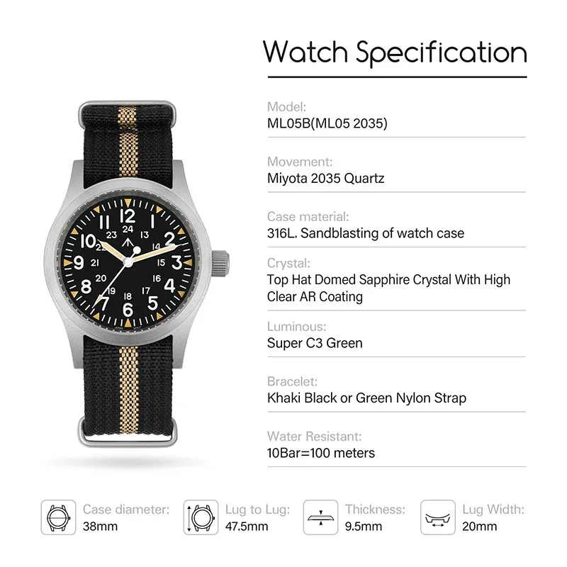 Militado ML05 38mm Military Watch Miyota 2035 Movement Domed Sapphire Crystal C3 Green Luminous 10Bar Waterproof Vintage Watches