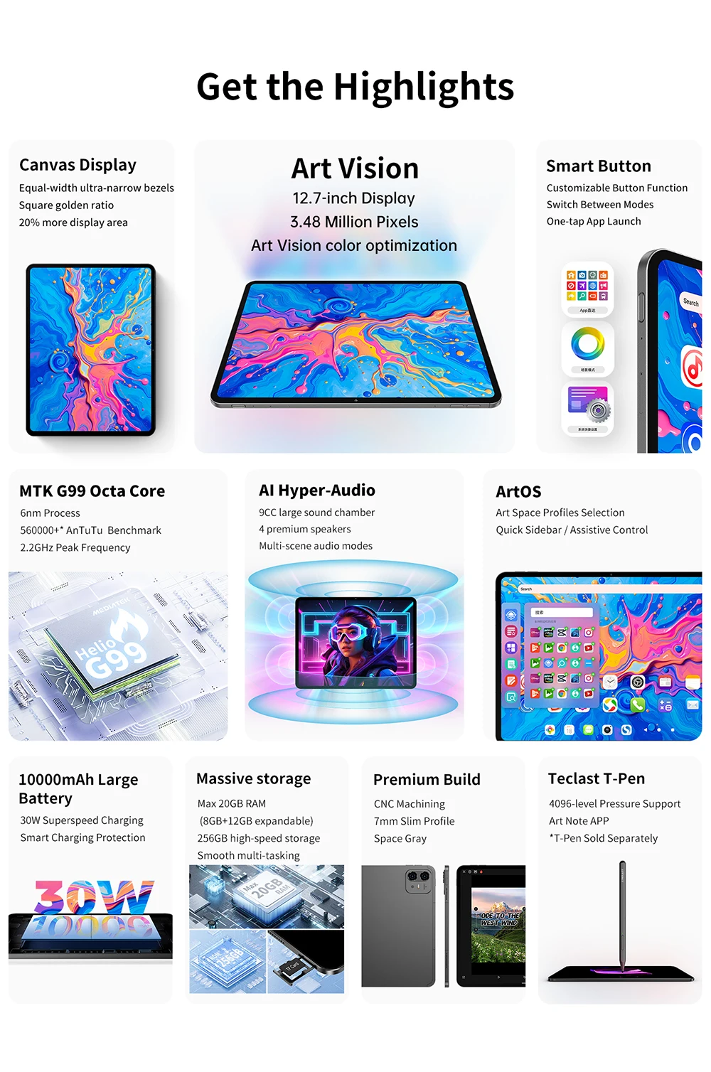 Teclast ArtPad Pro 12.7" 2.2K UHD Display 20GB RAM (8+12 Virtual) 256GB ROM Helio G99 10000mAh 30W Android 15 Tablet Global LTE