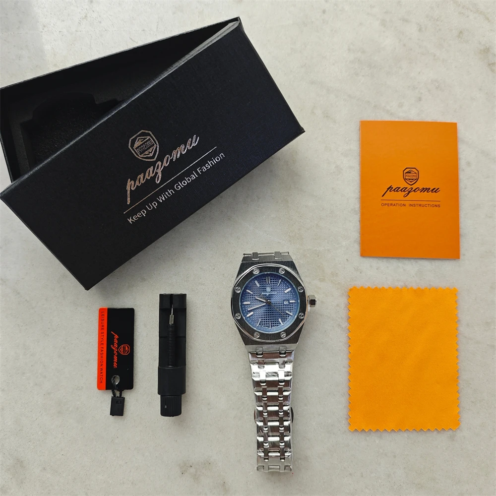 PAAZOMU Luxury Quartz Man Wristwatch Sport Men Watches Waterproof Luminous Date Week Stainless Steel Men's Watch Male Reloj+box