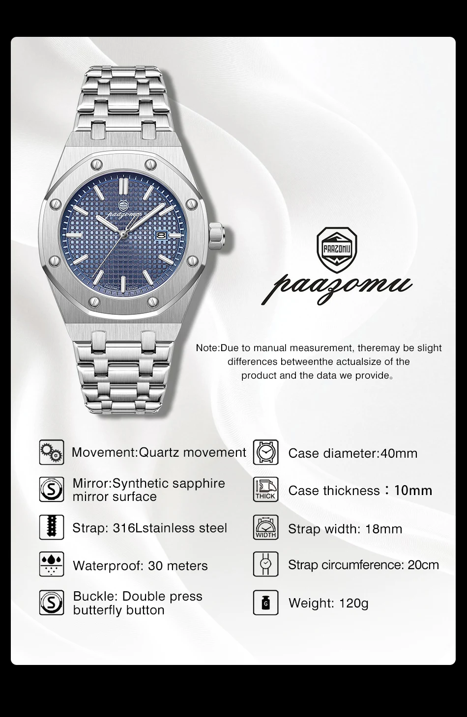 PAAZOMU Luxury Quartz Man Wristwatch Sport Men Watches Waterproof Luminous Date Week Stainless Steel Men's Watch Male Reloj+box