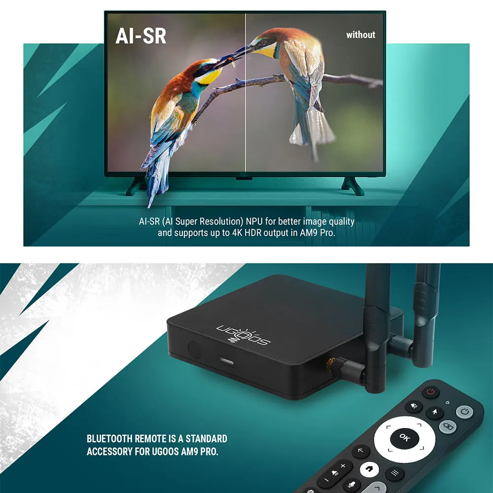 UGOOS AM9 Pro Amlogic S905X5-J TV BOX Android 14 LPDDR5 4G64G Supoprt AI-SR, 4K HDR WiFi6 BT5.2 1000M with BT Voice Remote