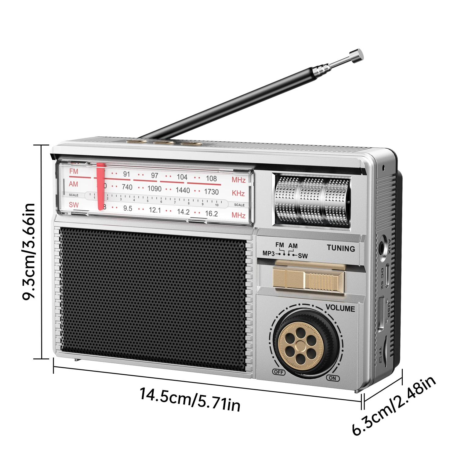 Retro All-Band Radio with Wireless Audio Connectivity, Solar & Multi-Mode Charging, Long-Lasting Battery & Multiple Play Modes