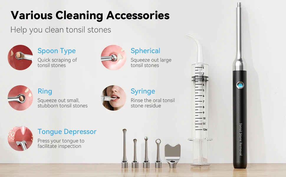Visual Tonsil Stone Cleaner with Camera and Light 5pcs Heads USB Rechargeable Compatible with IOS and Android Simple and Safty