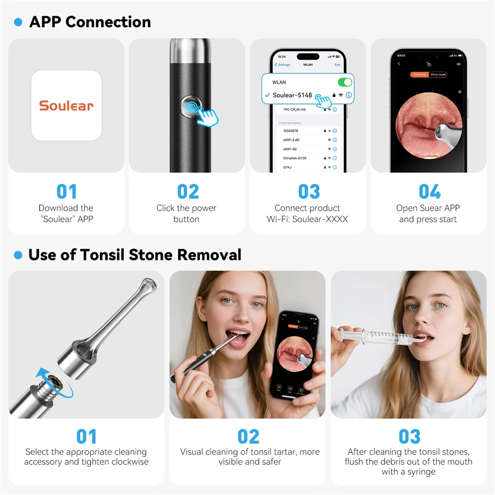 Visual Tonsil Stone Cleaner with Camera and Light 5pcs Heads USB Rechargeable Compatible with IOS and Android Simple and Safty