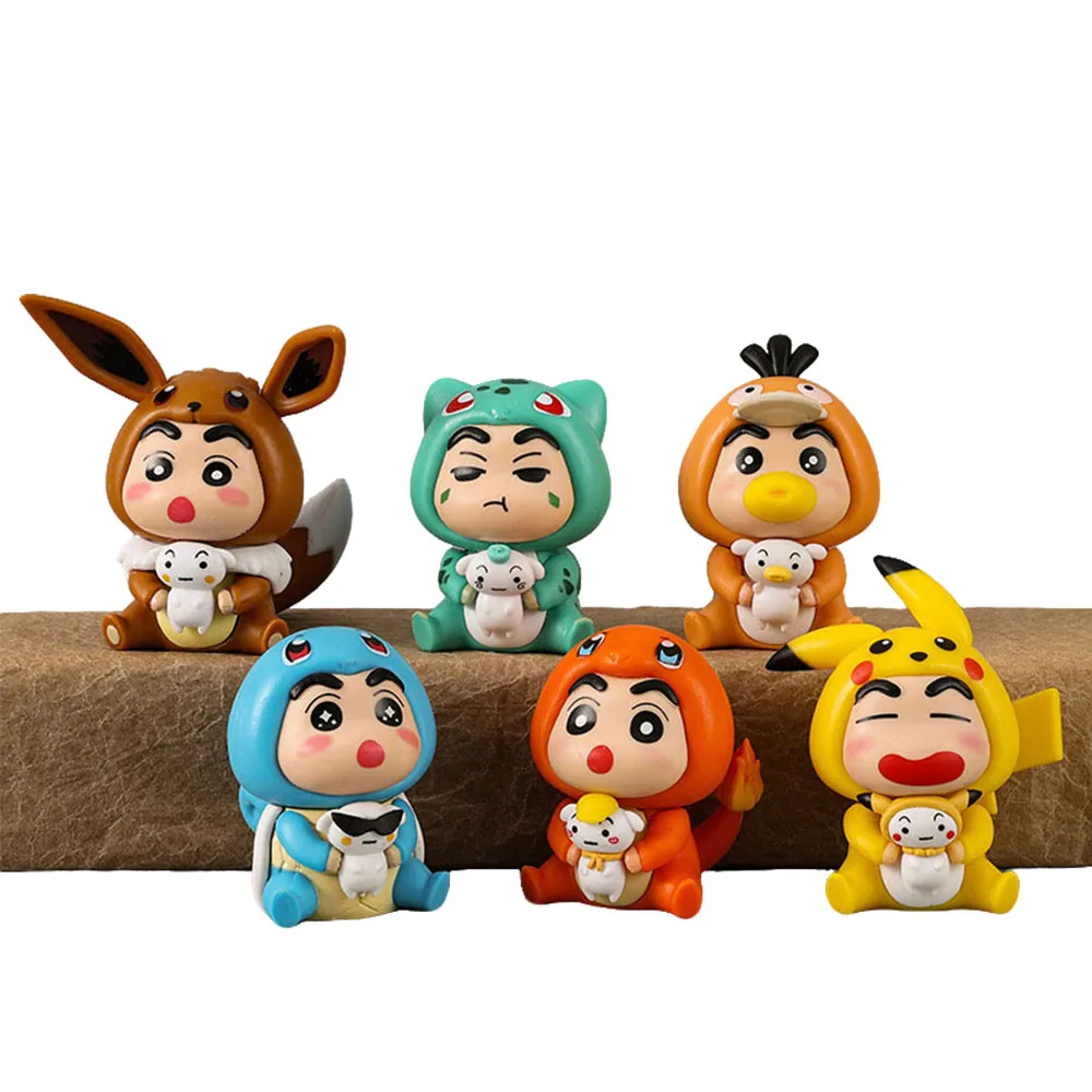6pcs/set Crayon Shin-chan COS Pokemon Psyduck Pikachu Eevee Charmander Bulbasaur Squirtle Anime Figure Cute Doll Model Toys