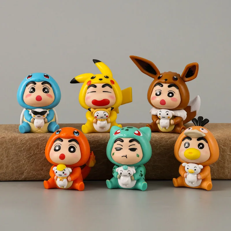6pcs/set Crayon Shin-chan COS Pokemon Psyduck Pikachu Eevee Charmander Bulbasaur Squirtle Anime Figure Cute Doll Model Toys