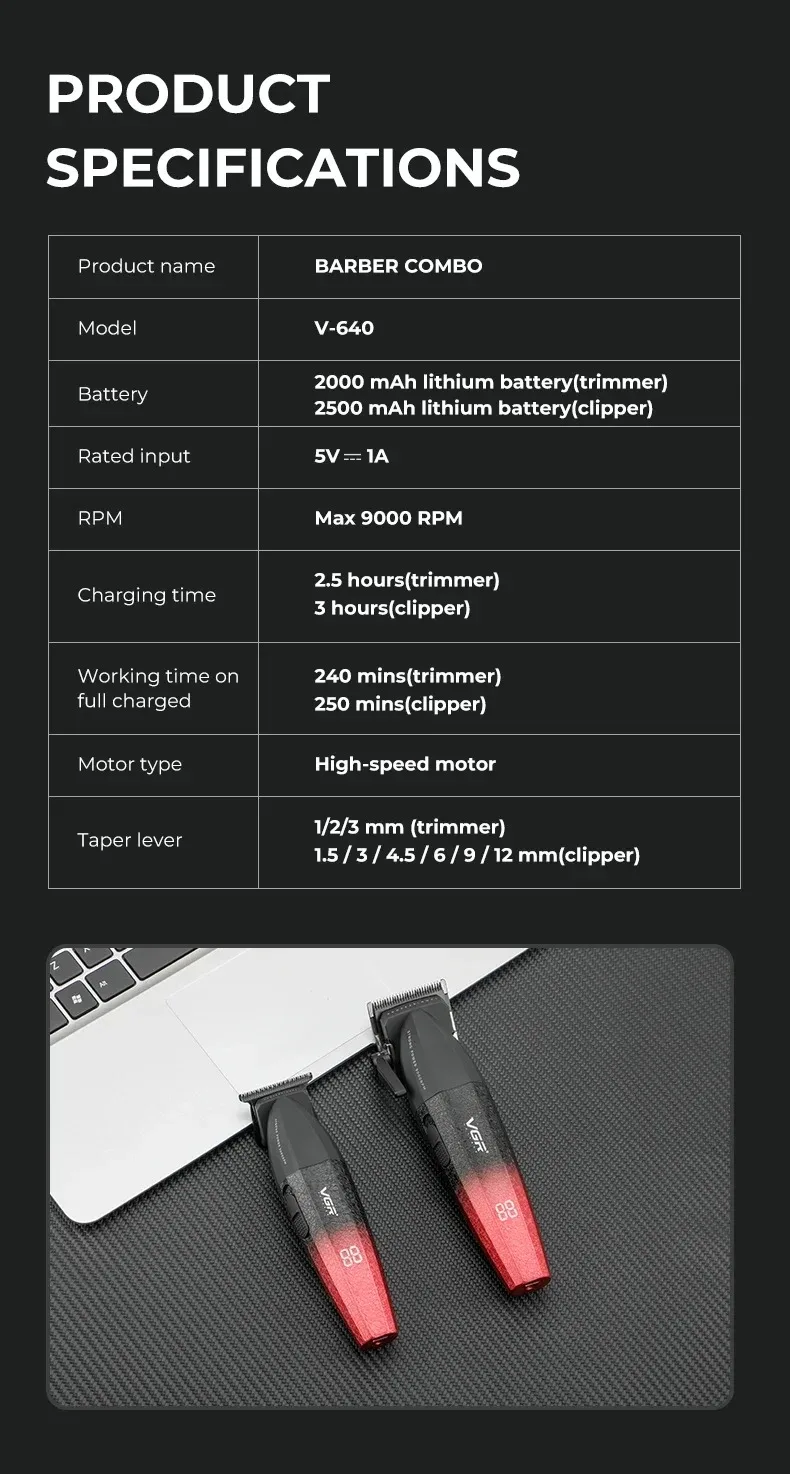 VGR Hair Trimmer Professional Hair Clippers Adjustable Hair Cutting Machine 9000 RPM Cordless Clippers and Trimmers Set V-640 S3