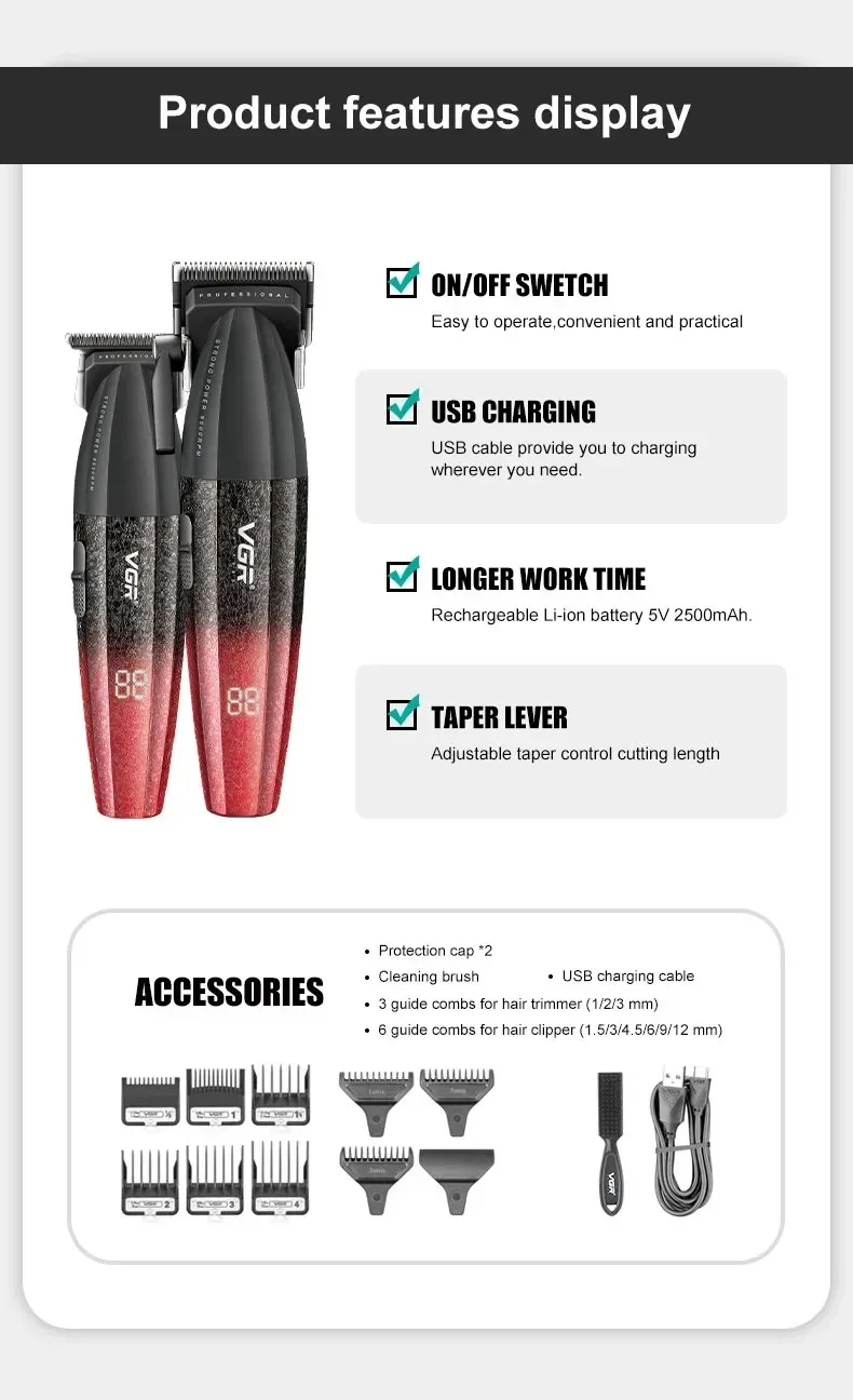 VGR Hair Trimmer Professional Hair Clippers Adjustable Hair Cutting Machine 9000 RPM Cordless Clippers and Trimmers Set V-640 S3