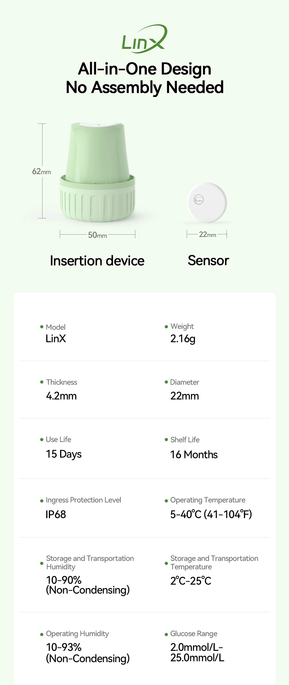 MicroTech LinX Continuous Glucose Monitor 15-Day CGM 24H Real-Time Blood Sugar Test No Finger Pricking Glucose Meter