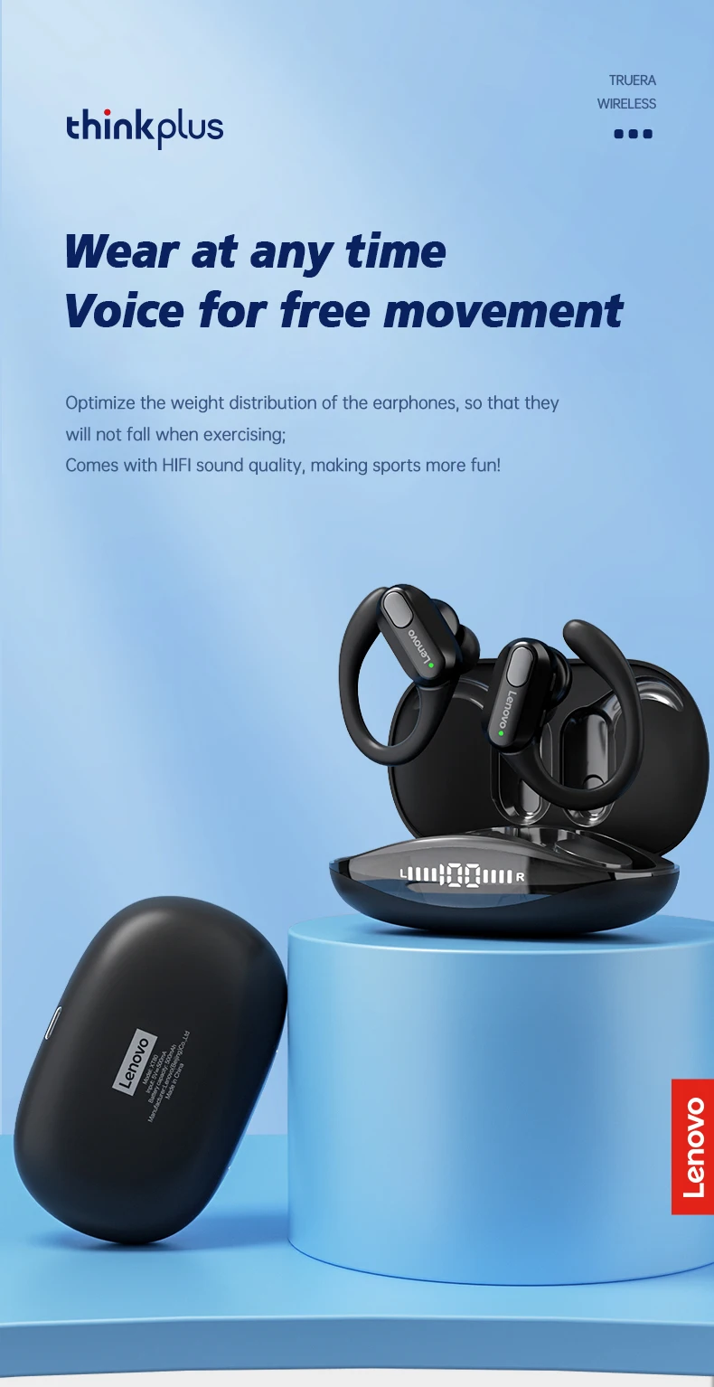 Original Lenovo XT80 Earhooks Sports Bluetooth Wireless Headsets with Mic,LED Power Display,ENC,Hifi Stereo Sound Gaming Headset