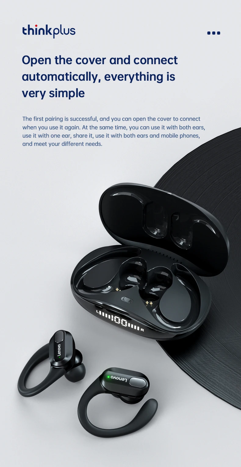 Original Lenovo XT80 Earhooks Sports Bluetooth Wireless Headsets with Mic,LED Power Display,ENC,Hifi Stereo Sound Gaming Headset