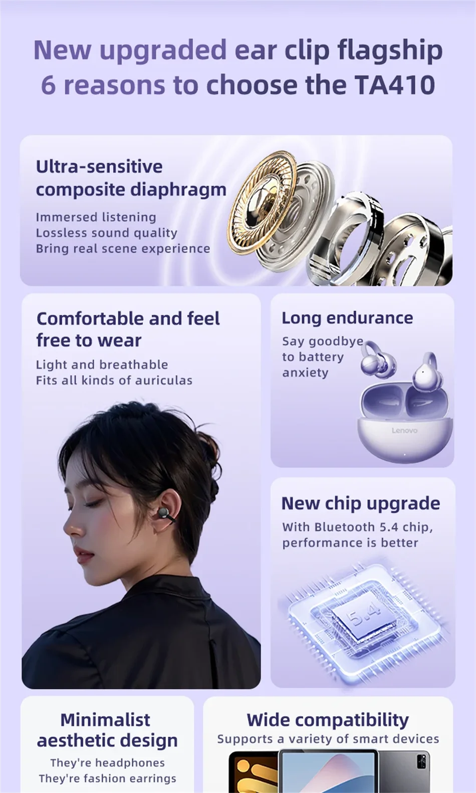 TA410 Lenovo Clip-on Sports Fashion Headphone Hanging Earplugs TWS HIFI ACC Stereo HD Call Smart Headphone Valentine's Day Gifts