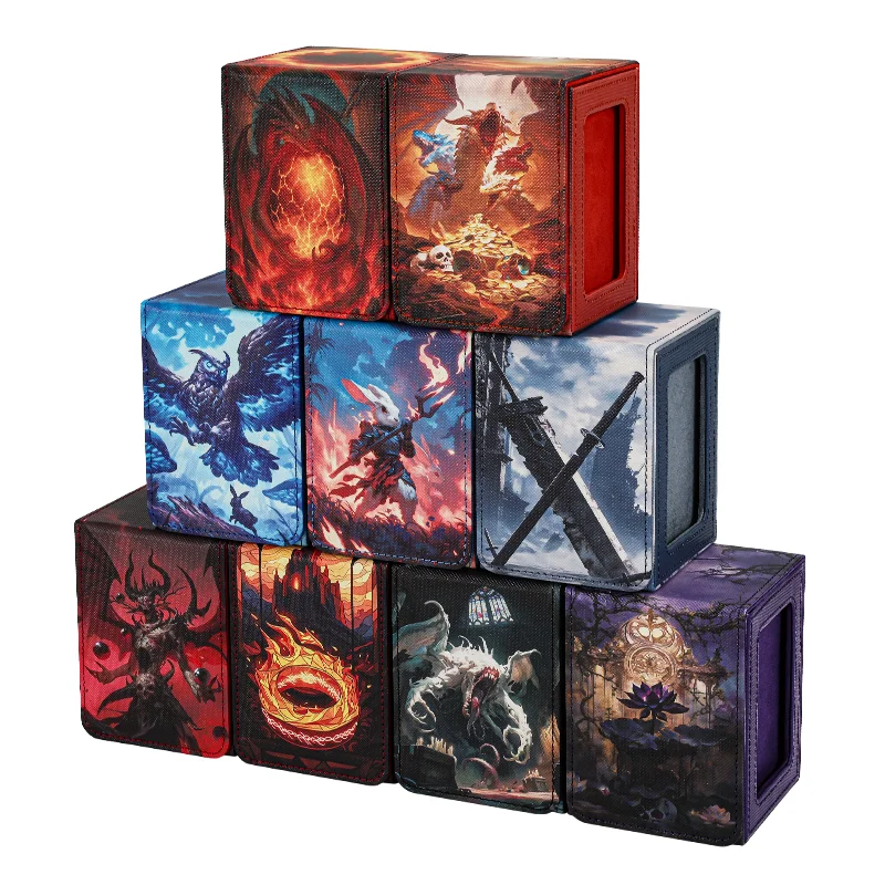 Card Deck Box for Pattern Print Cards with Display Window, Hold 100+ Double-Sleeved Cards, PU Leather Card Box Fits TCG Cards