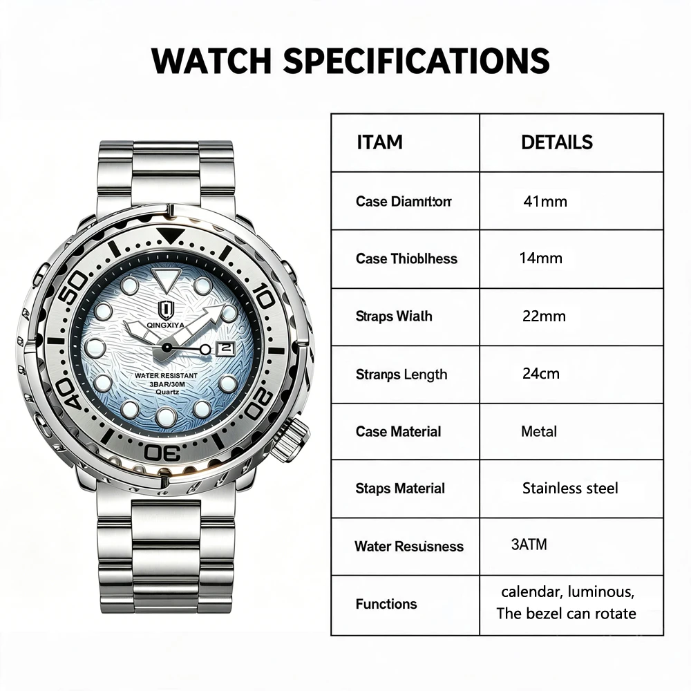 QINGXIYA Brand New Fashion Mens Watches Luxury Stainless Steel Waterproof Luminous Quartz Watch for Men Calendar Clock Relogio