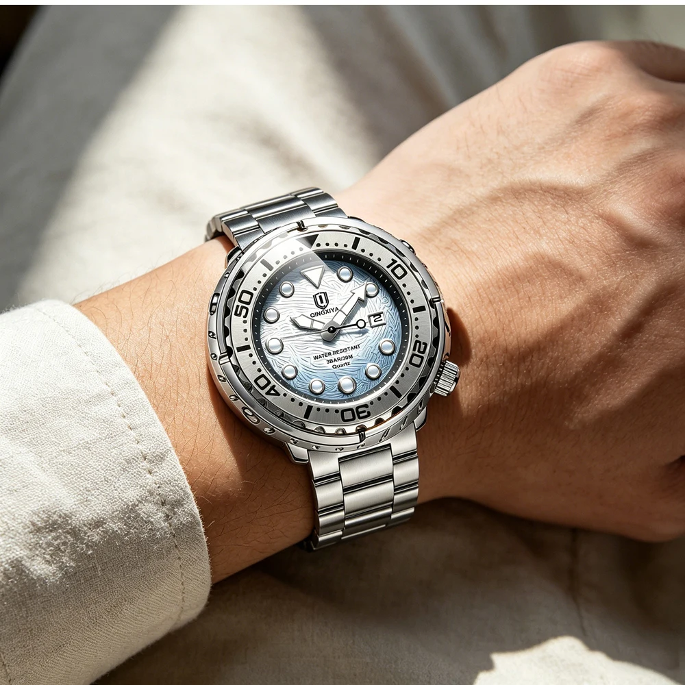 QINGXIYA Brand New Fashion Mens Watches Luxury Stainless Steel Waterproof Luminous Quartz Watch for Men Calendar Clock Relogio