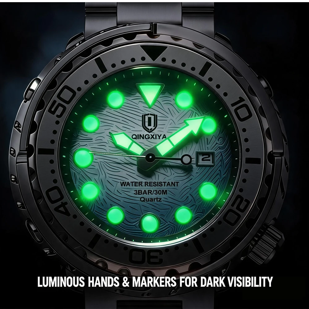 QINGXIYA Brand New Fashion Mens Watches Luxury Stainless Steel Waterproof Luminous Quartz Watch for Men Calendar Clock Relogio