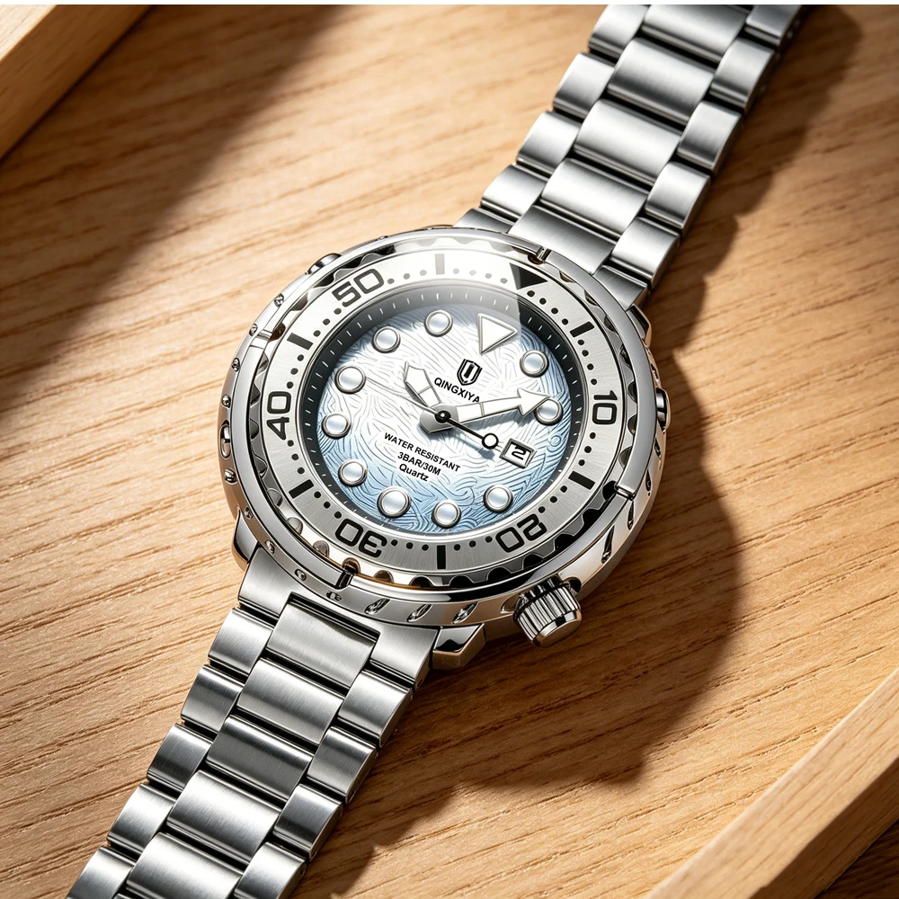 QINGXIYA Brand New Fashion Mens Watches Luxury Stainless Steel Waterproof Luminous Quartz Watch for Men Calendar Clock Relogio