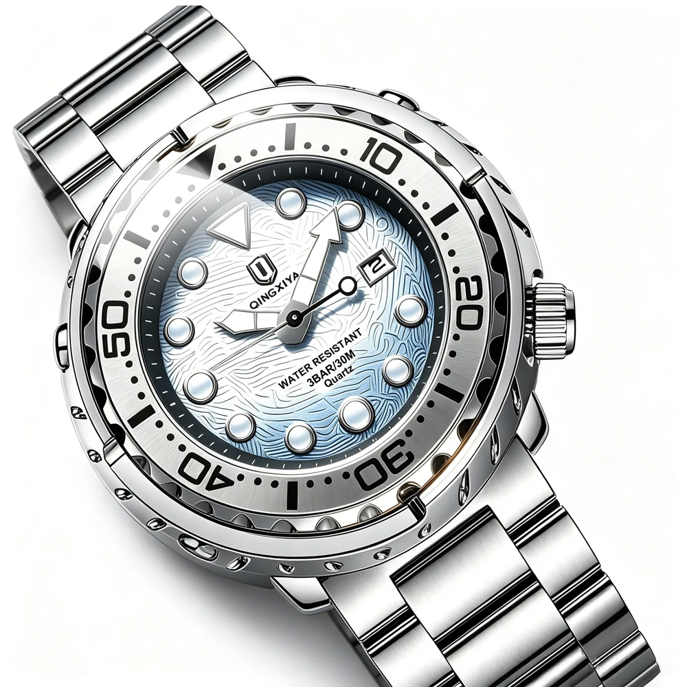 QINGXIYA Brand New Fashion Mens Watches Luxury Stainless Steel Waterproof Luminous Quartz Watch for Men Calendar Clock Relogio