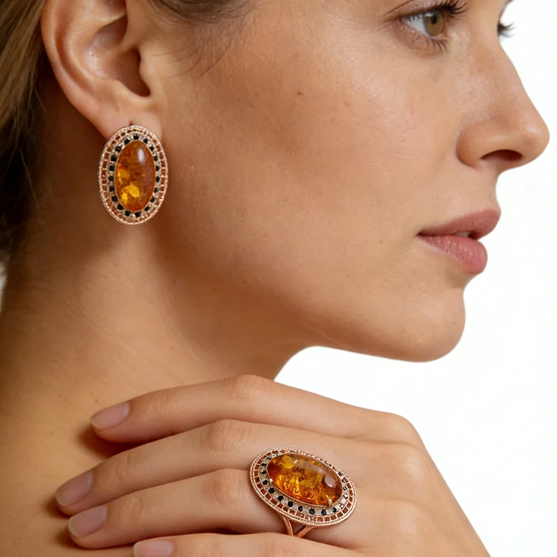 Kinel Hot Oval Amber Ring Earrings Necklace for Women Fashion 585 Rose Gold Color Natural Zircon Accessories Vintage Jewelry Set