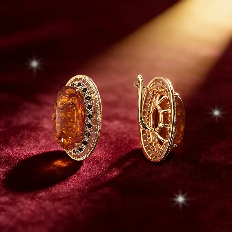 Kinel Hot Oval Amber Ring Earrings Necklace for Women Fashion 585 Rose Gold Color Natural Zircon Accessories Vintage Jewelry Set