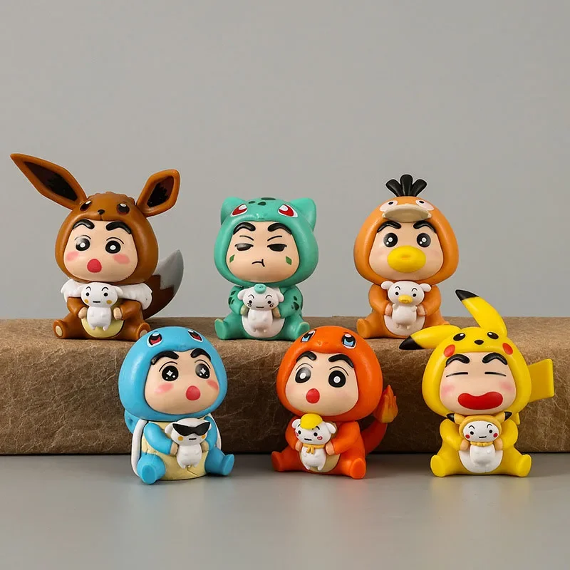 6Pcs/Set Q Version Anime Crayon Shin-chan Figure Shin-chan COS Pokémon Pikachu Action Figure Room Decorations PVC Collection Toy