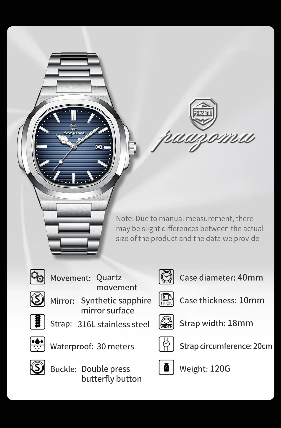 PAAZOMU Luxury Brand Men's Quartz Wristwatch Stainless Steel Waterproof Luminous Date Man Clock Square Business Watches For Men