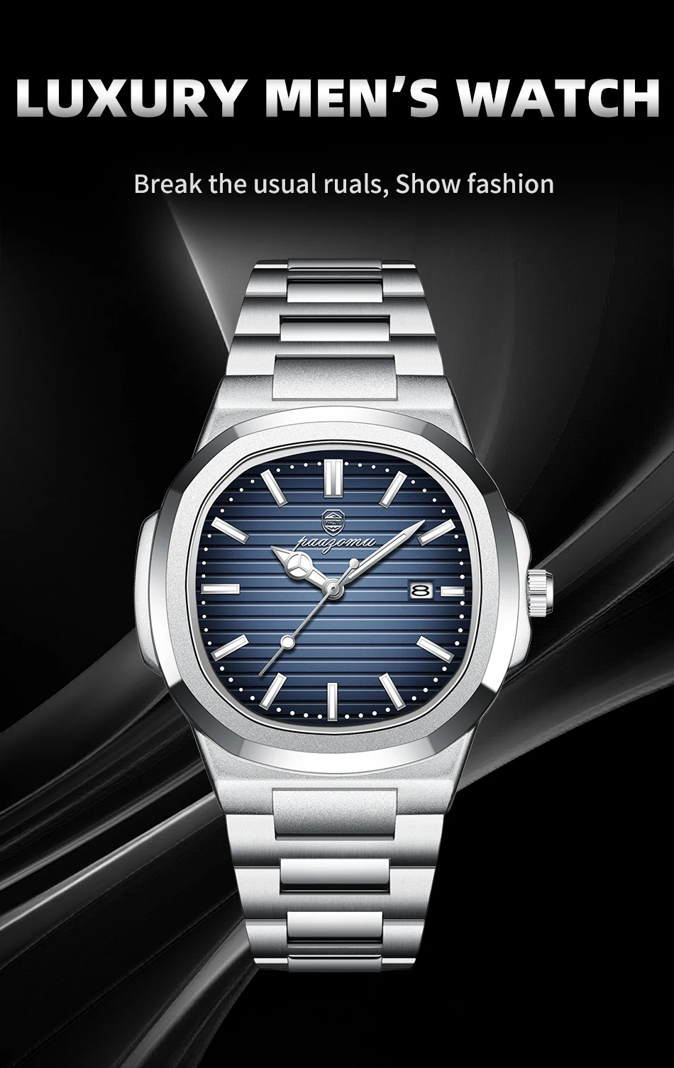 PAAZOMU Luxury Brand Men's Quartz Wristwatch Stainless Steel Waterproof Luminous Date Man Clock Square Business Watches For Men