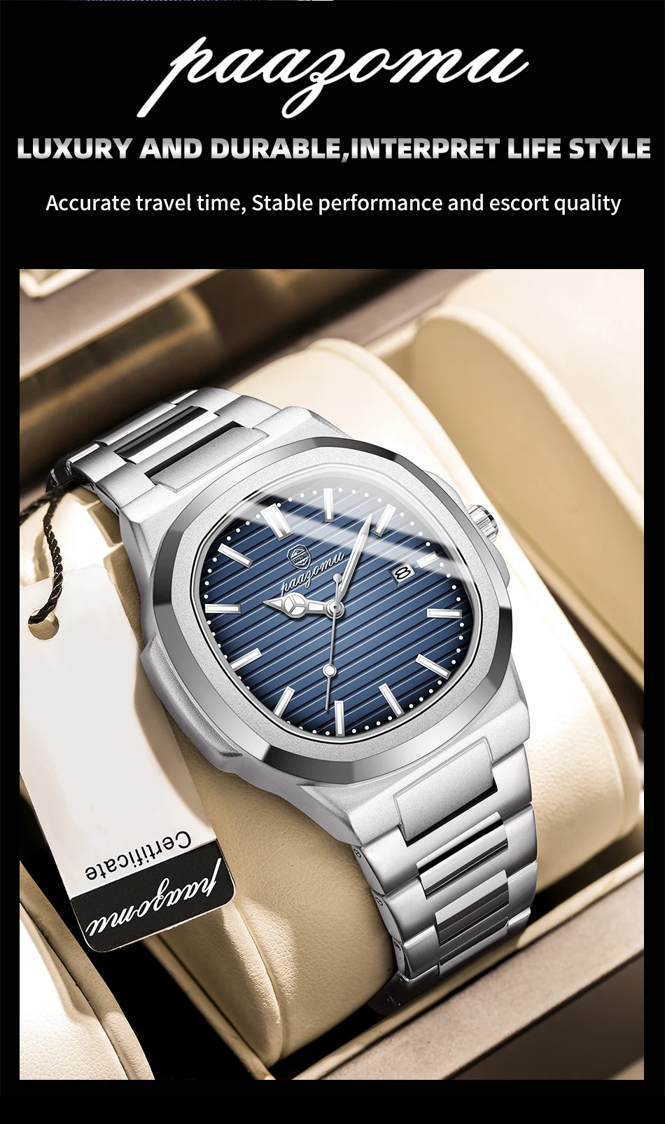 PAAZOMU Luxury Brand Men's Quartz Wristwatch Stainless Steel Waterproof Luminous Date Man Clock Square Business Watches For Men