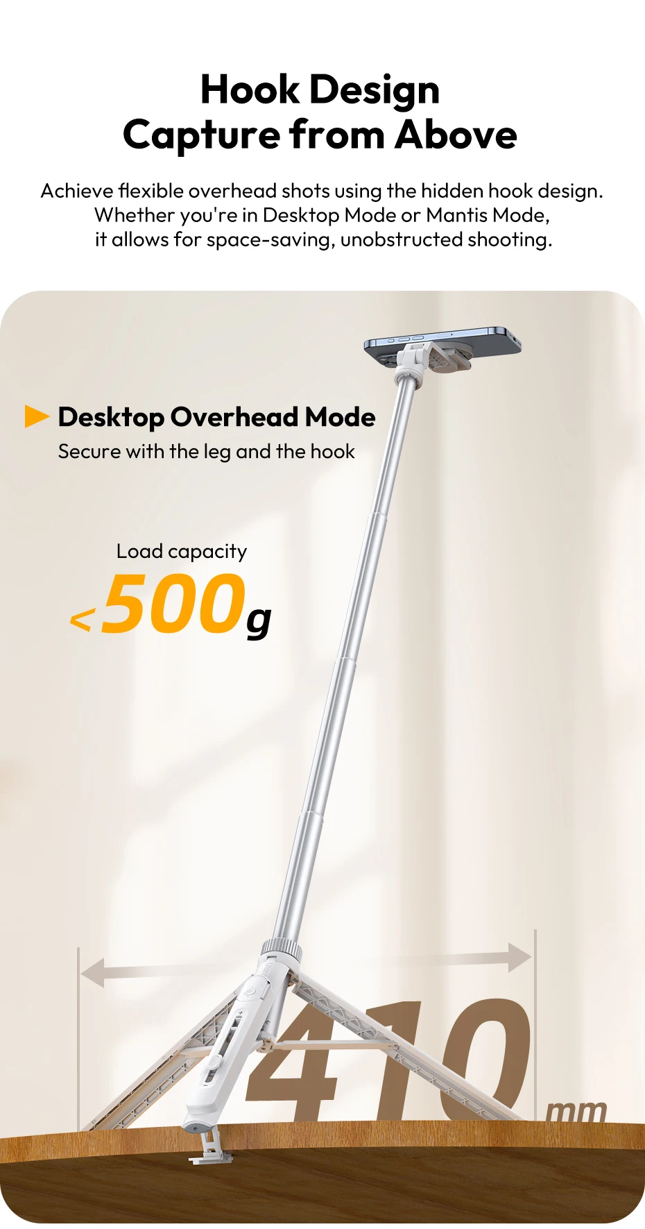 Ulanzi TT88 Overhead Selfie Stick 1.44M with MagSafe Clamp Photograph Tripod for Phone Livestreaming Vlog with Remote Control Double Cold Shoe Remote Controller Light Desktop Shoot Mantis Bracket