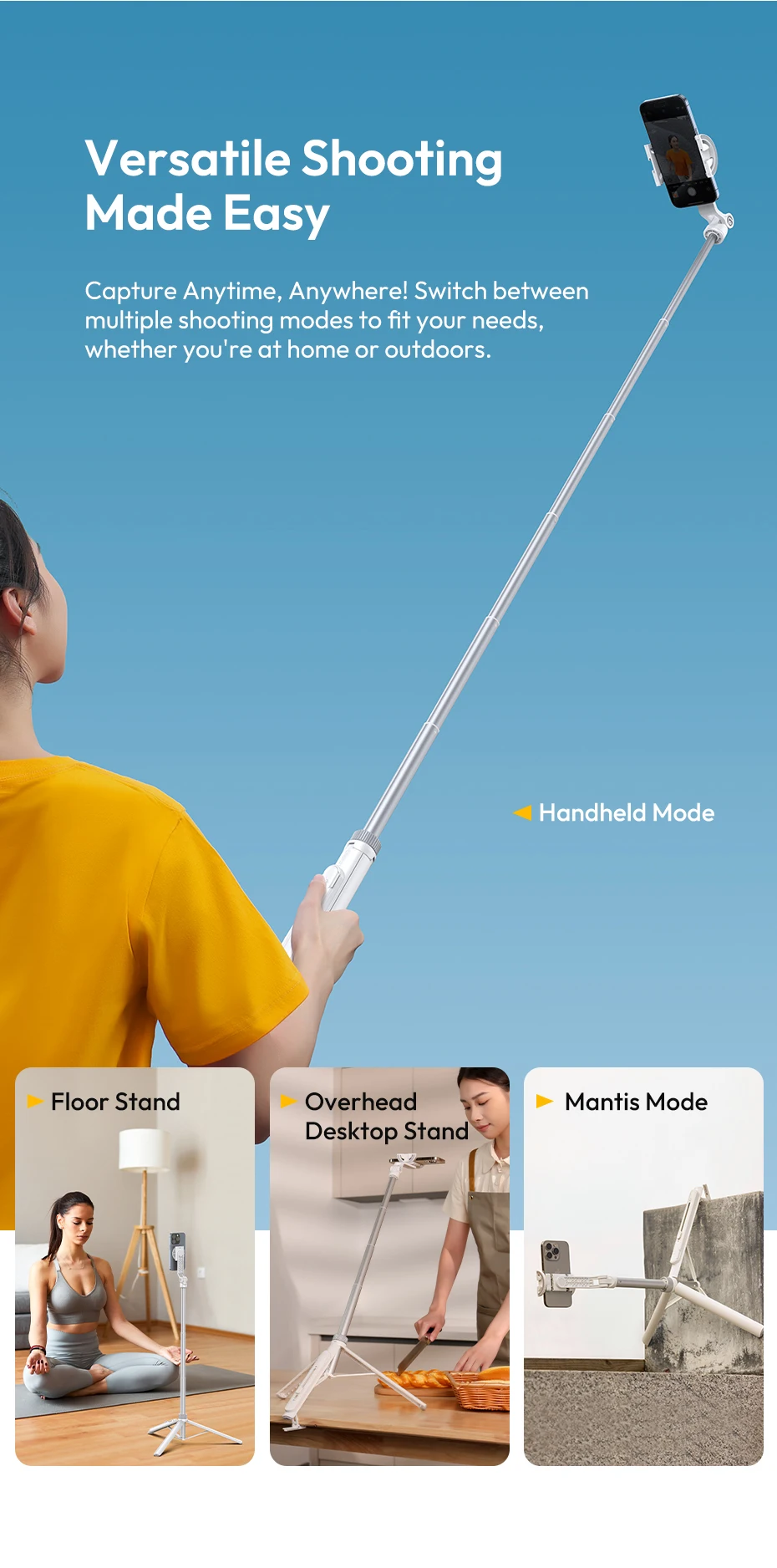 Ulanzi TT88 Overhead Selfie Stick 1.44M with MagSafe Clamp Photograph Tripod for Phone Livestreaming Vlog with Remote Control Double Cold Shoe Remote Controller Light Desktop Shoot Mantis Bracket