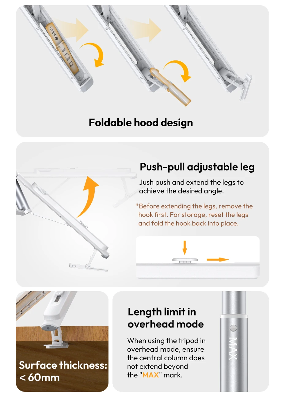 Ulanzi TT88 Overhead Selfie Stick 1.44M with MagSafe Clamp Photograph Tripod for Phone Livestreaming Vlog with Remote Control Double Cold Shoe Remote Controller Light Desktop Shoot Mantis Bracket