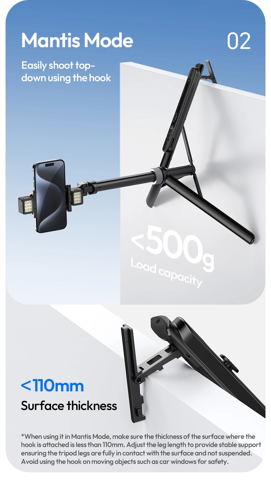 Ulanzi TT88 Overhead Selfie Stick 1.44M with MagSafe Clamp Photograph Tripod for Phone Livestreaming Vlog with Remote Control Double Cold Shoe Remote Controller Light Desktop Shoot Mantis Bracket