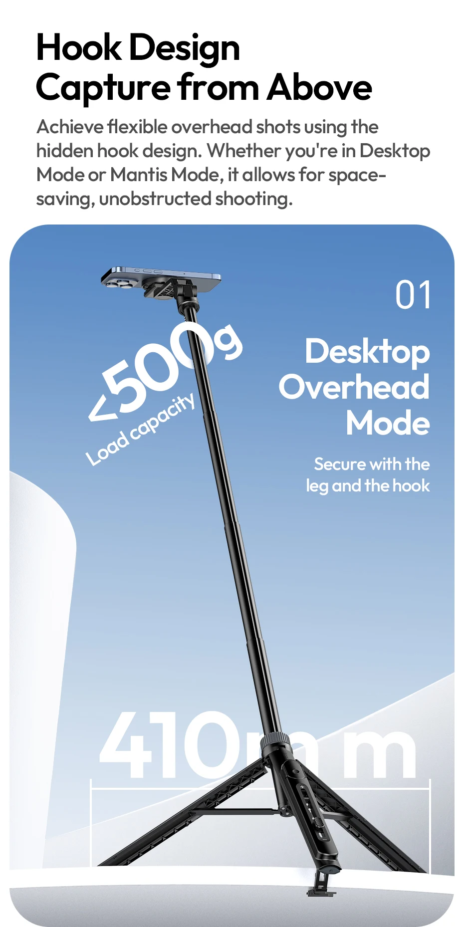 Ulanzi TT88 Overhead Selfie Stick 1.44M with MagSafe Clamp Photograph Tripod for Phone Livestreaming Vlog with Remote Control Double Cold Shoe Remote Controller Light Desktop Shoot Mantis Bracket