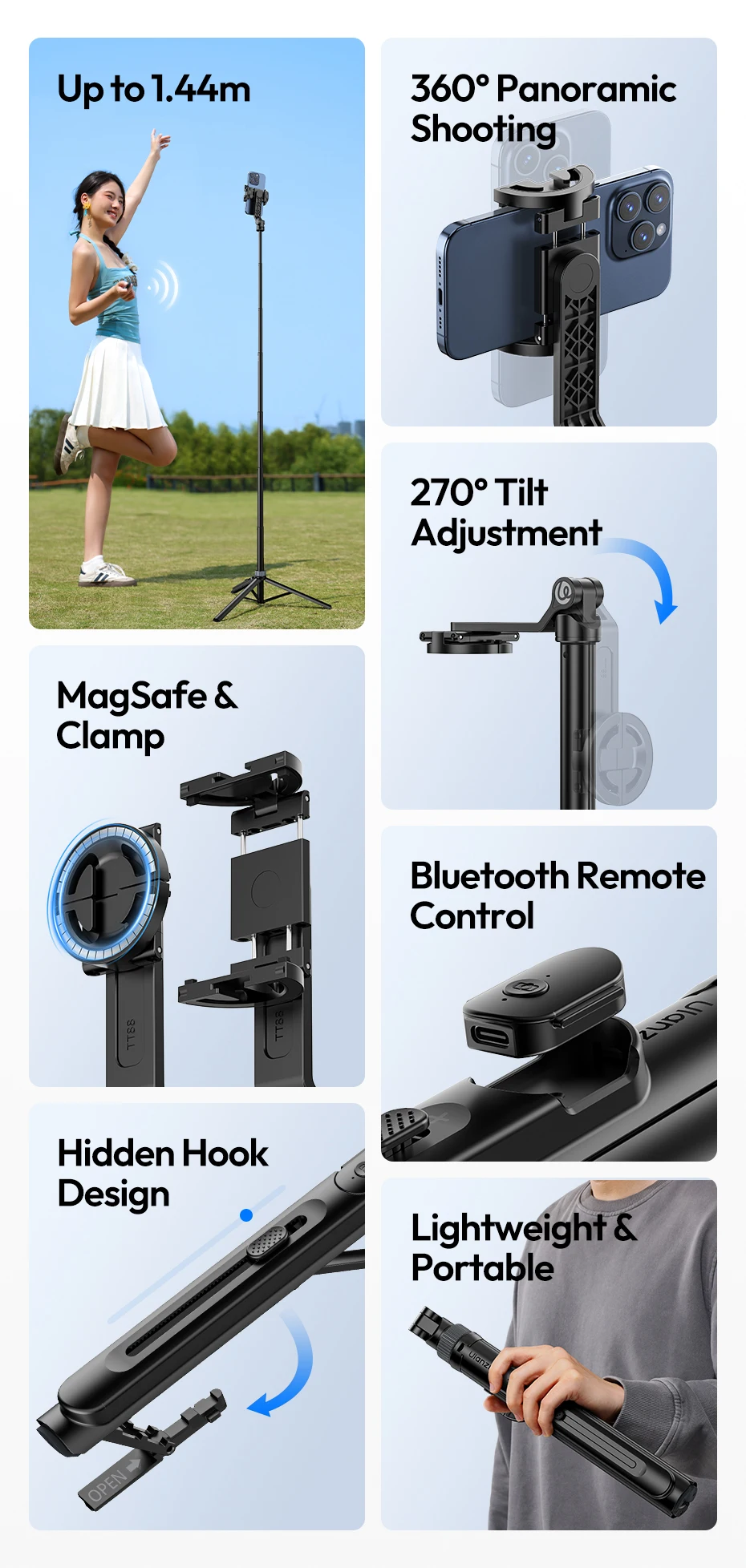 Ulanzi TT88 Overhead Selfie Stick 1.44M with MagSafe Clamp Photograph Tripod for Phone Livestreaming Vlog with Remote Control Double Cold Shoe Remote Controller Light Desktop Shoot Mantis Bracket