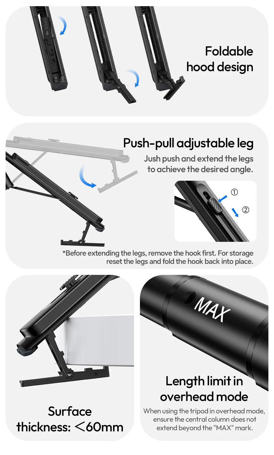 Ulanzi TT88 Overhead Selfie Stick 1.44M with MagSafe Clamp Photograph Tripod for Phone Livestreaming Vlog with Remote Control Double Cold Shoe Remote Controller Light Desktop Shoot Mantis Bracket
