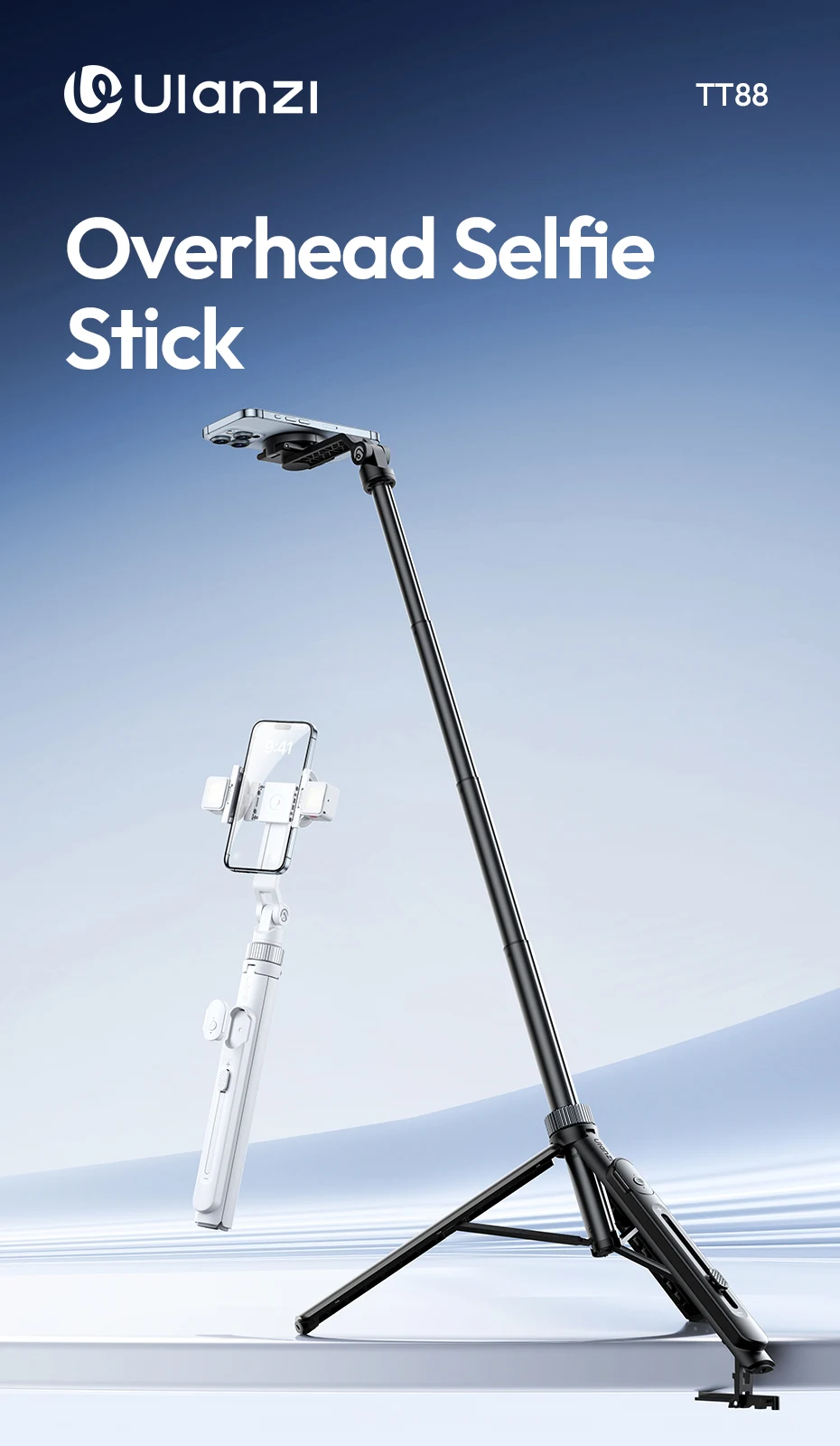 Ulanzi TT88 Overhead Selfie Stick 1.44M with MagSafe Clamp Photograph Tripod for Phone Livestreaming Vlog with Remote Control Double Cold Shoe Remote Controller Light Desktop Shoot Mantis Bracket