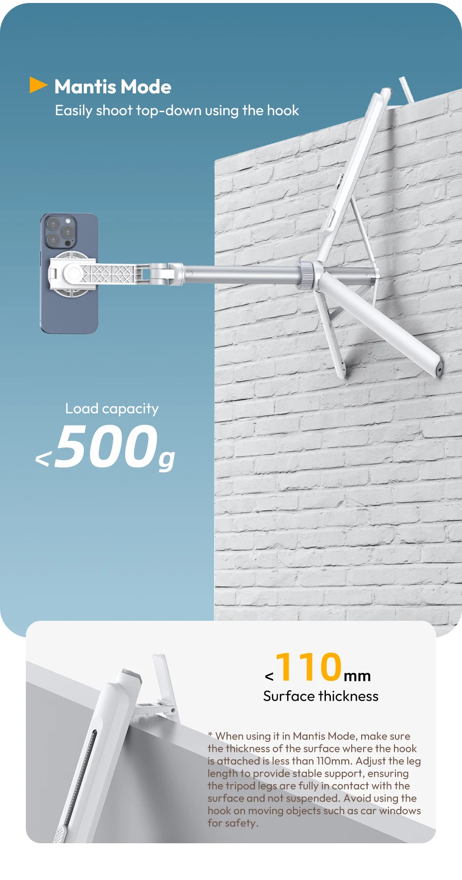 Ulanzi TT88 Overhead Selfie Stick 1.44M with MagSafe Clamp Photograph Tripod for Phone Livestreaming Vlog with Remote Control Double Cold Shoe Remote Controller Light Desktop Shoot Mantis Bracket