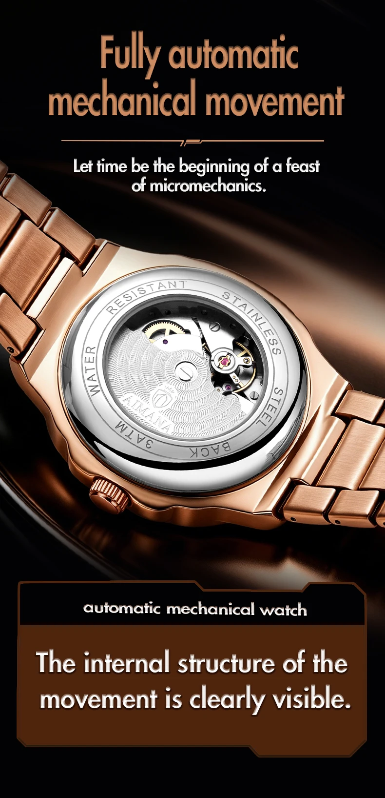 Luxury AIMANA Mens Automatic Watch Stainless Steel Strap Waterproof Luminous Date Calendar Rose Gold Nautilus Style Business Cas